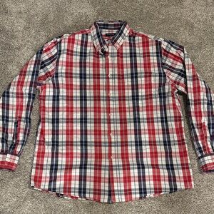 Men's Red and Blue Plaid Button-Down Shirt